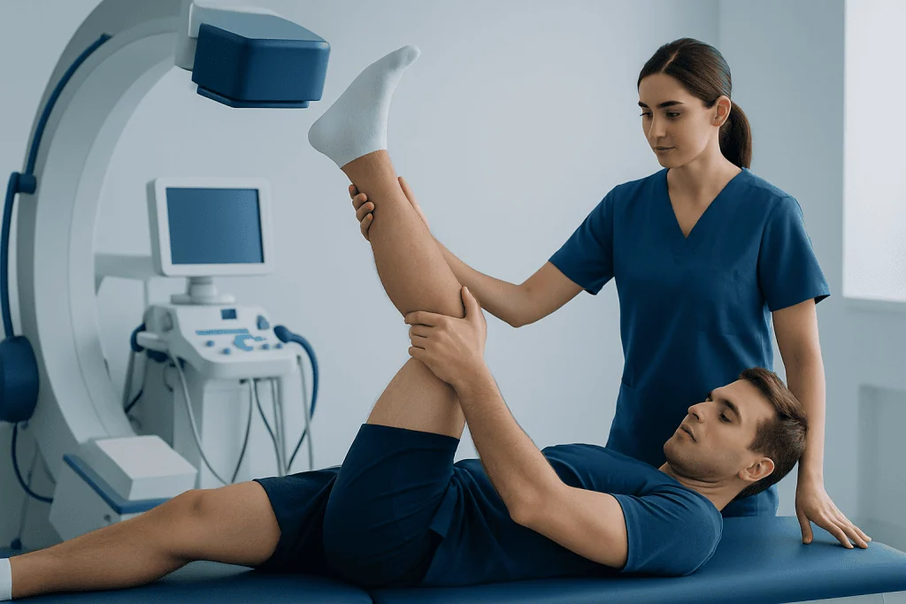 Doctor performing leg stretch therapy in a medical clinic setting.