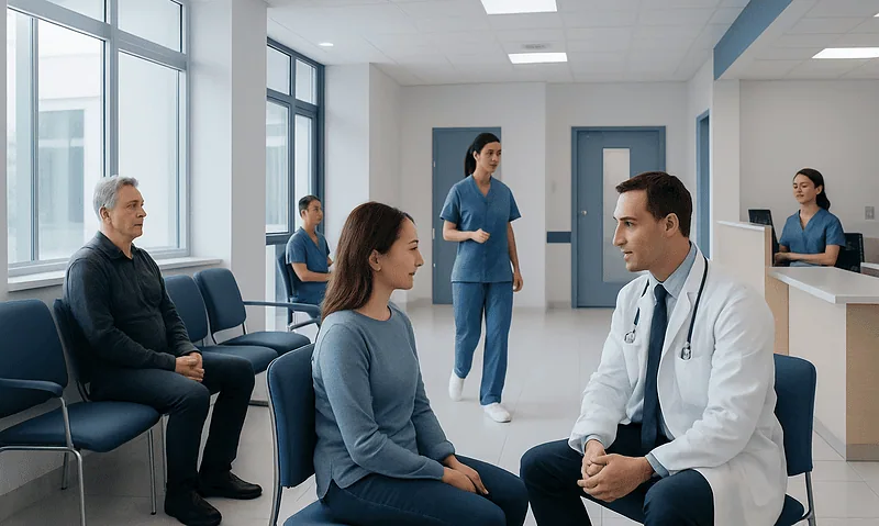 Doctor consulting patient in a modern hospital waiting area.