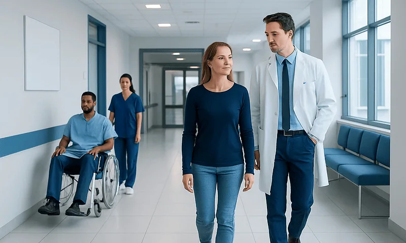 Doctor and patient walking in hospital corridor with staff in background.
