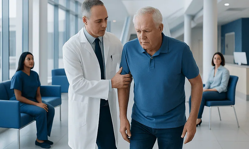 Urologist examining elderly male patient in hospital corridor.