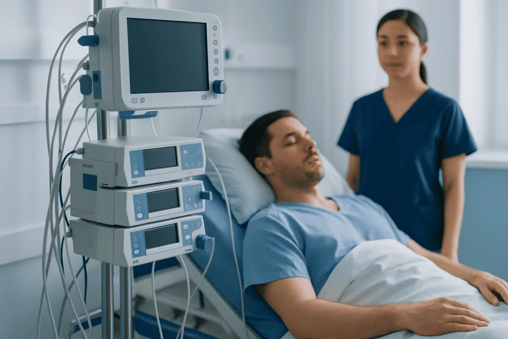 Patient in hospital bed connected to medical monitoring equipment.