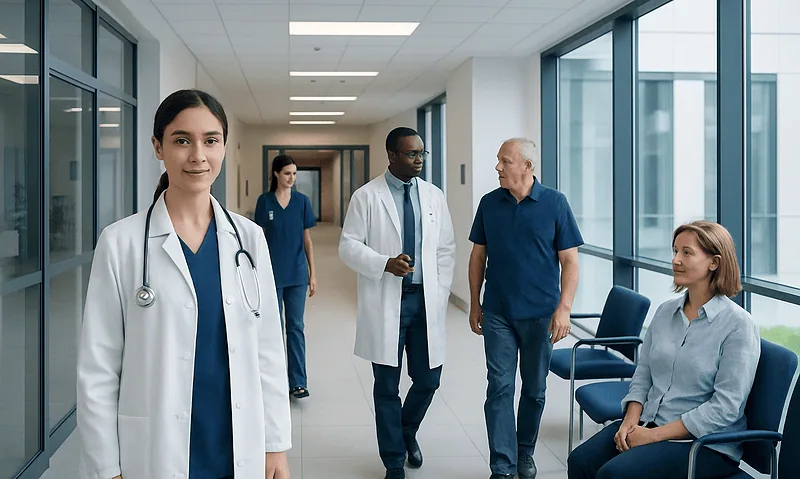 Medical team in hospital corridor with patient and staff members.