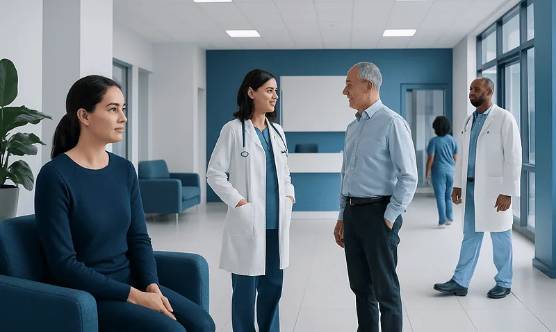 Medical professionals and patient in hospital lobby at Acibadem Hospitals Group.