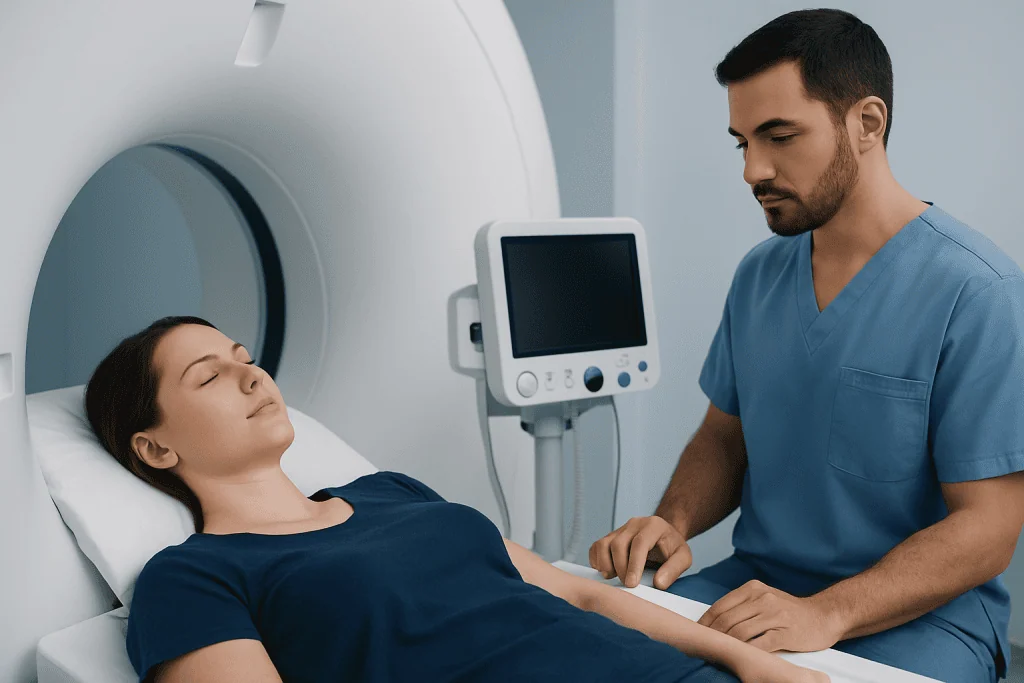 Medical professional preparing patient for MRI scan at Acibadem Hospital.