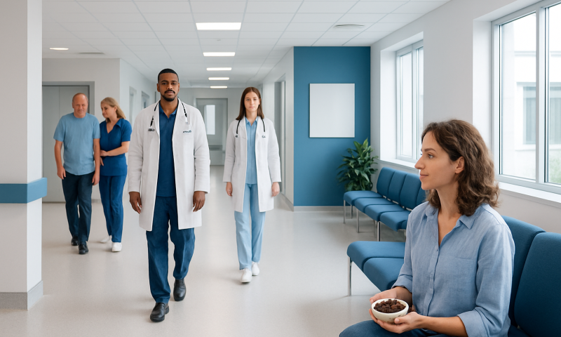 Hospital corridor with doctors and a patient holding a bowl of prunes.