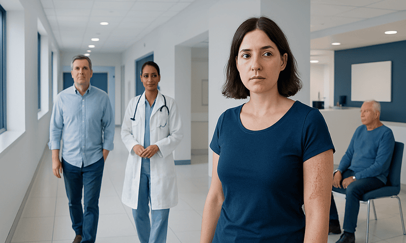 Woman waiting in hospital corridor with medical staff and patient in background.
