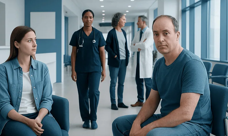 Patients and medical staff in a hospital corridor at Acibadem Hospitals Group.