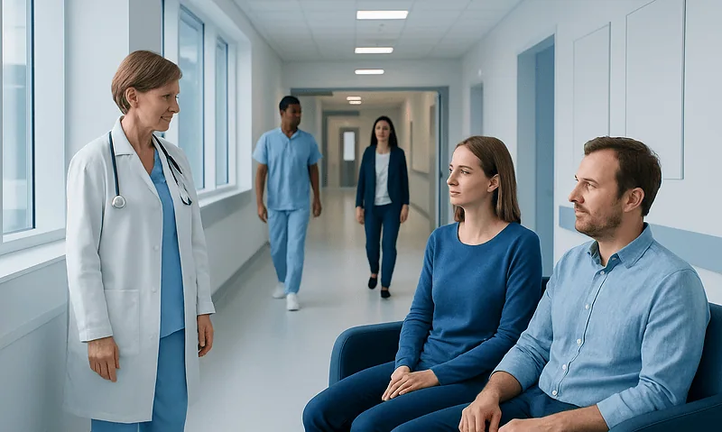 Medical consultation in hospital corridor with doctor and patients.