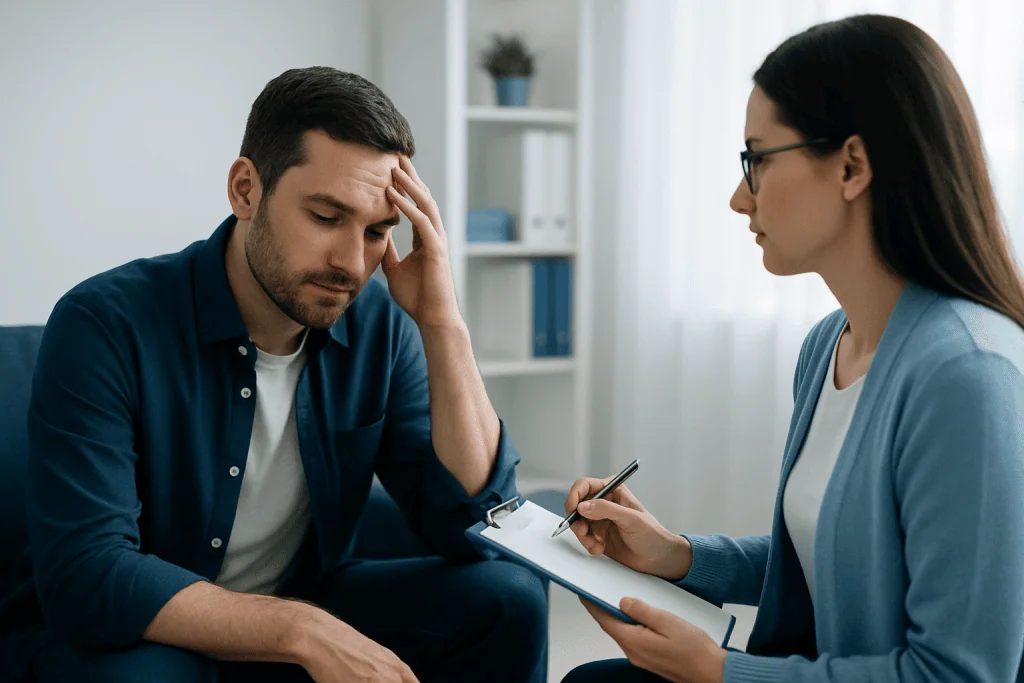 Therapist listening to a patient during a psychotherapy session.