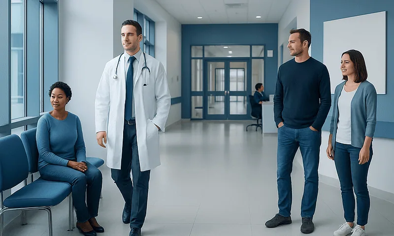 Healthcare professionals and patients in a modern hospital corridor.