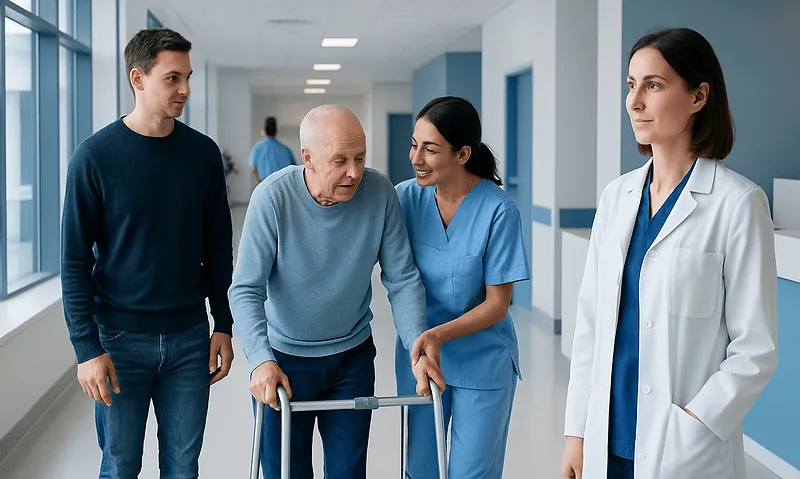 Patients and healthcare professionals in a hospital corridor.