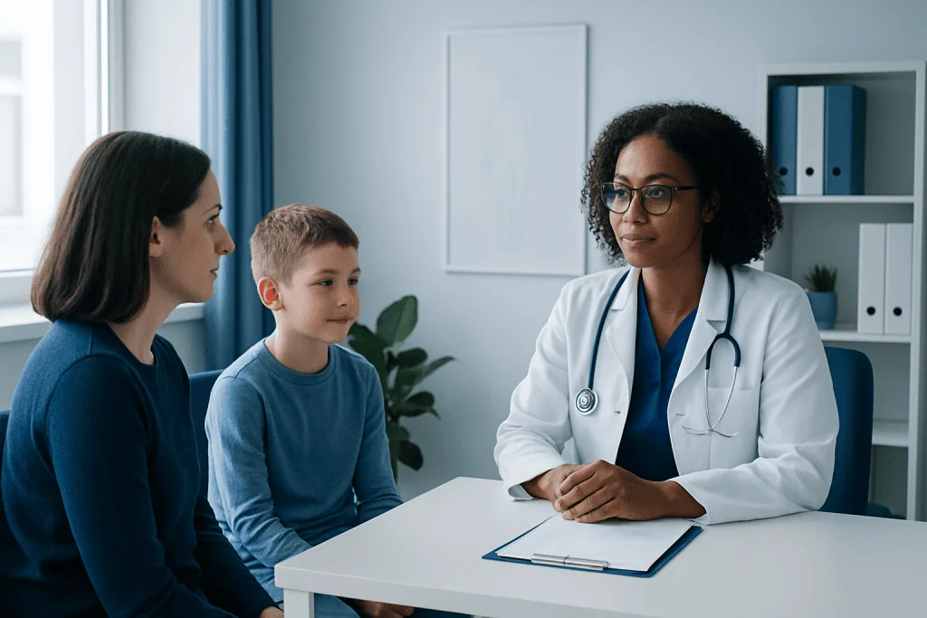Doctor consulting with a mother and son in a medical office.