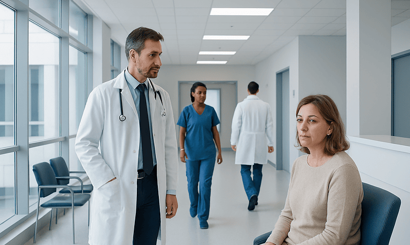 Doctor consulting a patient in a hospital corridor at Acibadem Hospitals Group.