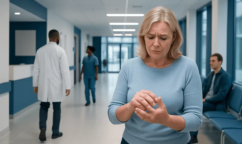 Woman with puffed fingers in hospital corridor, healthcare setting.