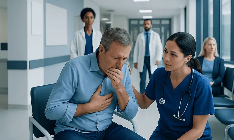 Patient experiencing chest pain in hospital with medical staff present.