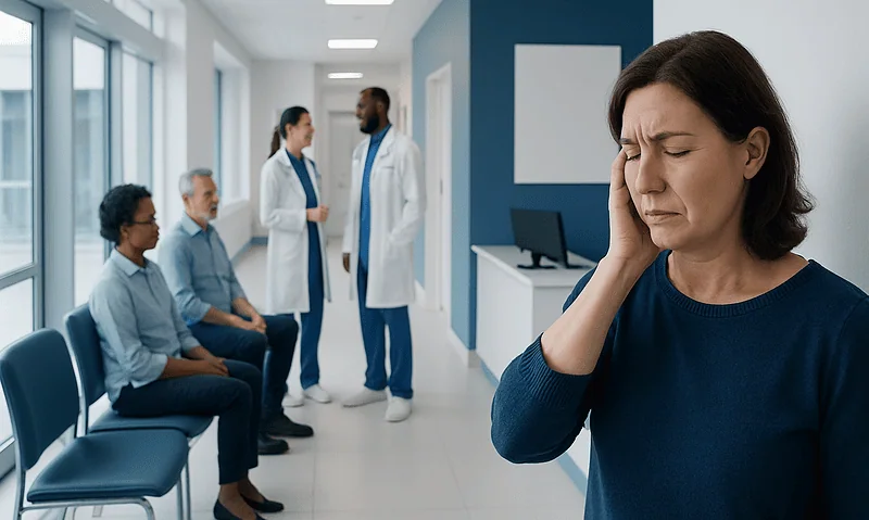 Woman experiencing ear pain in a hospital waiting area with medical staff nearby.
