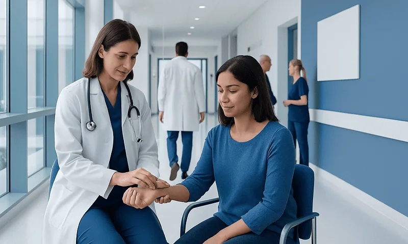 Doctor comforting a patient in a hospital corridor at Acibadem Hospitals Group.