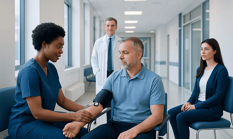 Doctor measuring patient's blood pressure in hospital corridor.