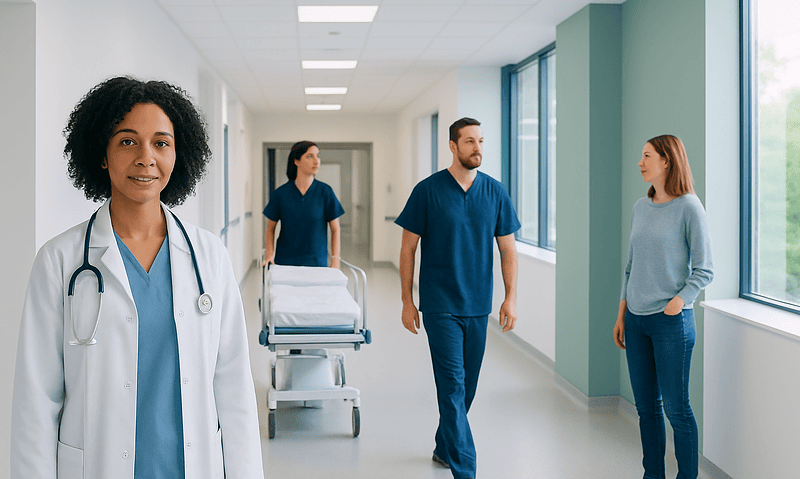 Pure Green: An Evidence-Based Guide for Patients 8 Healthcare professionals and patient in hospital corridor at Acibadem Hospitals Group.