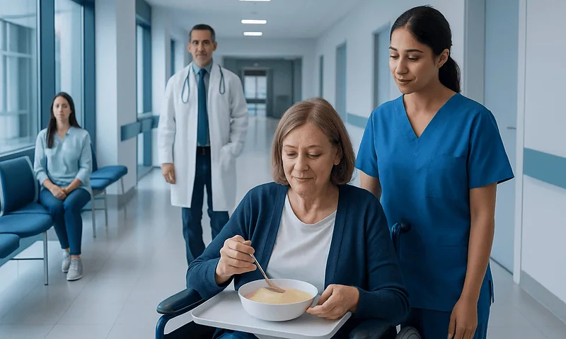 Nurse assisting elderly woman with food in hospital corridor.