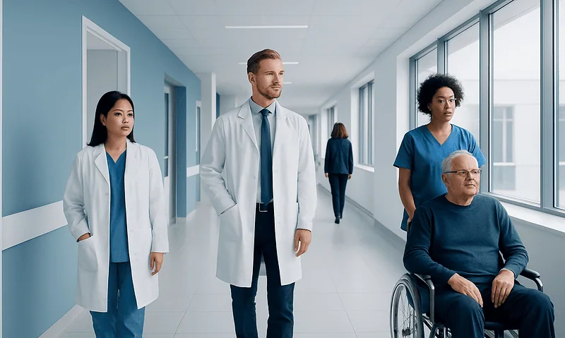 Medical team walking in hospital corridor with patient in wheelchair.
