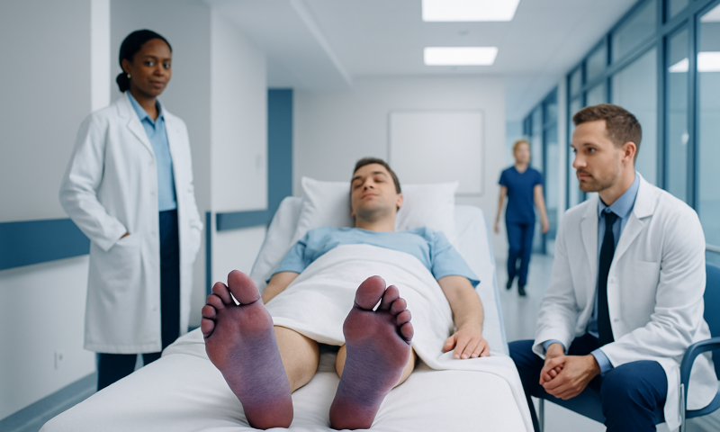 Patient in hospital bed with medical staff in modern healthcare facility.