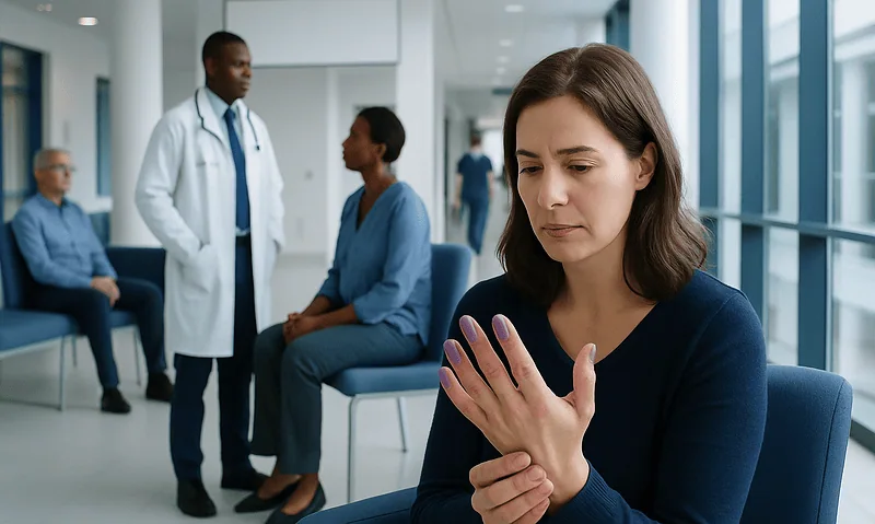 Patient with purple fingers in a hospital waiting area.