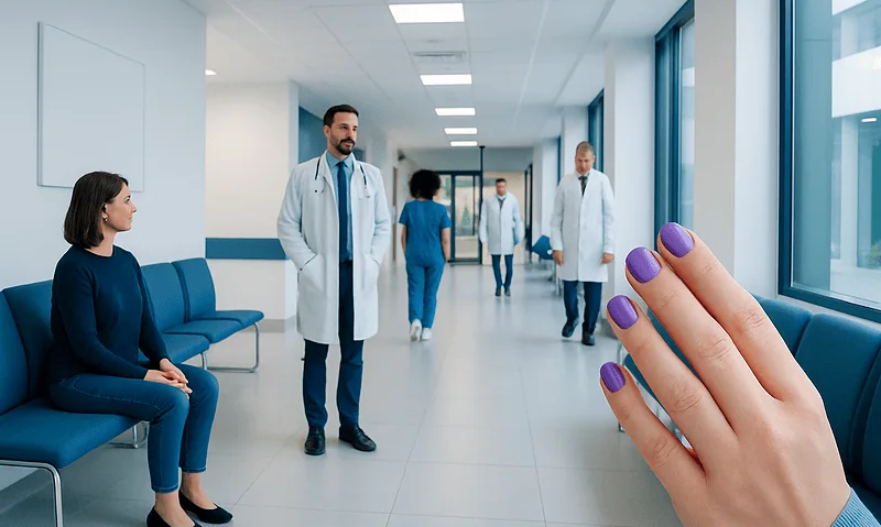Medical consultation in a modern hospital corridor with doctors and patient.