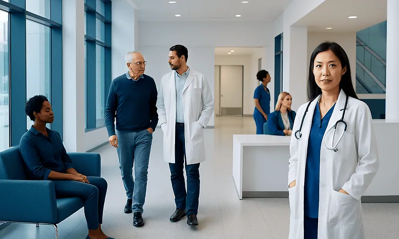 Medical professionals and patient in a modern hospital lobby.
