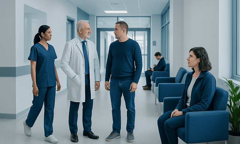 Medical professionals and patient in hospital corridor engaging in conversation.