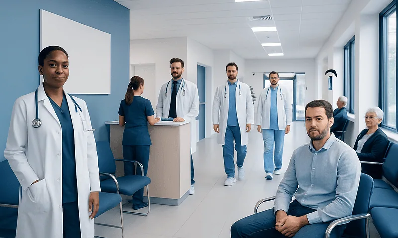Medical team in hospital corridor with patients and staff.
