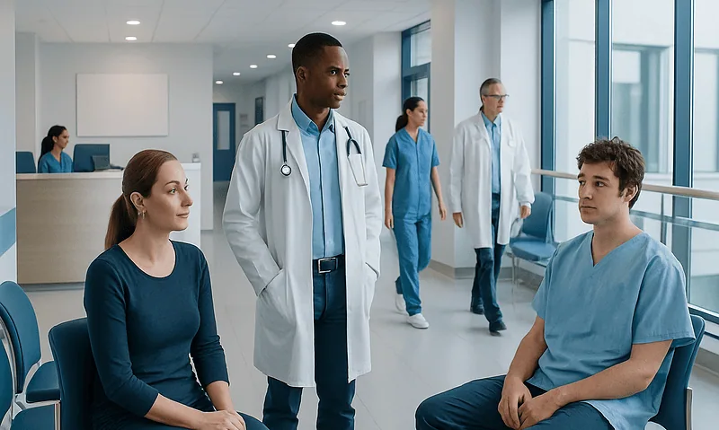 Pyrexia disease: A Complete Medical Guide for Patients 12 Medical team consulting with a patient in a hospital corridor.