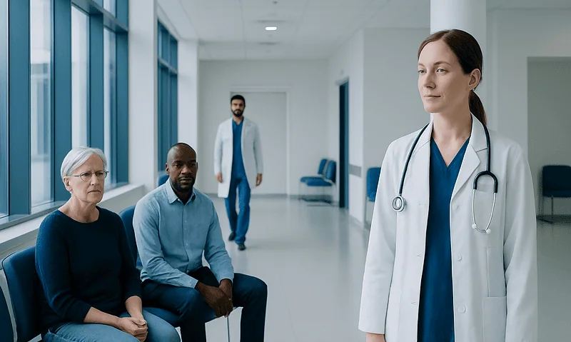 Doctor consulting patients in a hospital corridor at Acibadem Hospitals Group.