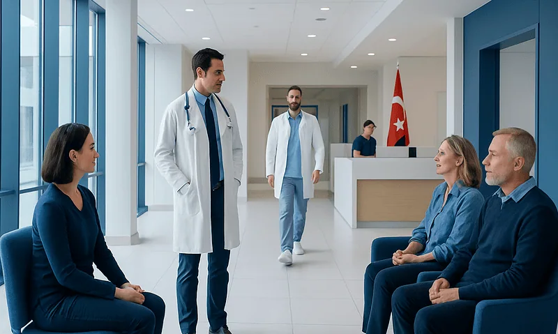 Doctors and patients in a modern hospital corridor in Turkey.