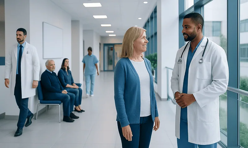 Healthcare professionals and patients in a modern hospital corridor.
