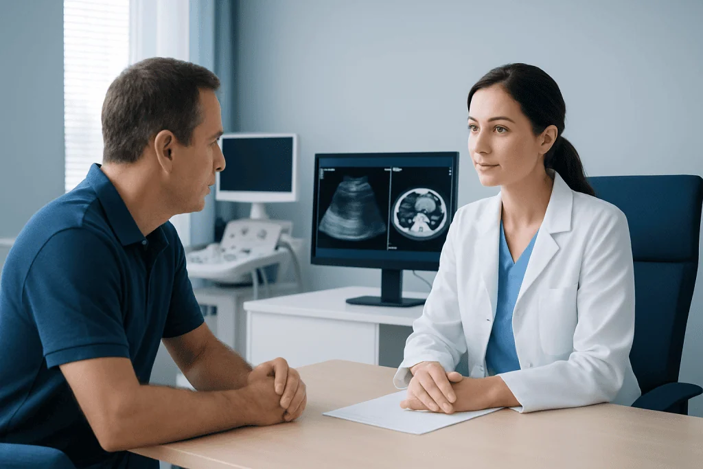 Doctor discussing ultrasound and CT scan results with patient in clinic.