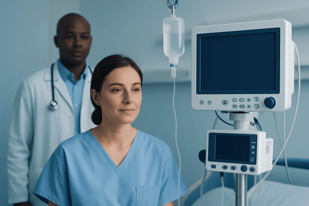 Medical professionals in a hospital room with monitoring equipment.