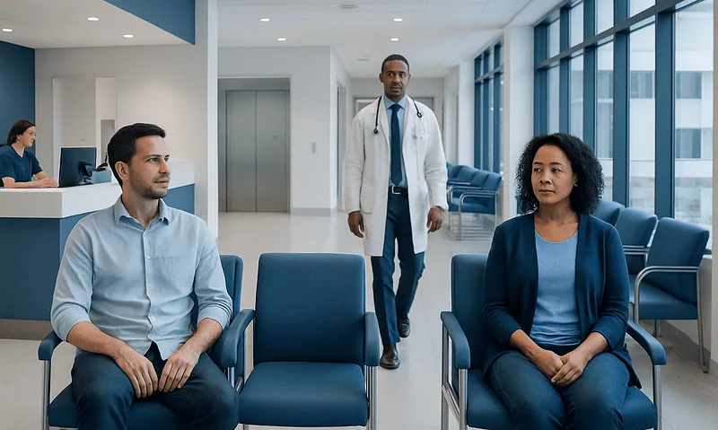 Patients waiting in a modern hospital lobby with a doctor approaching.