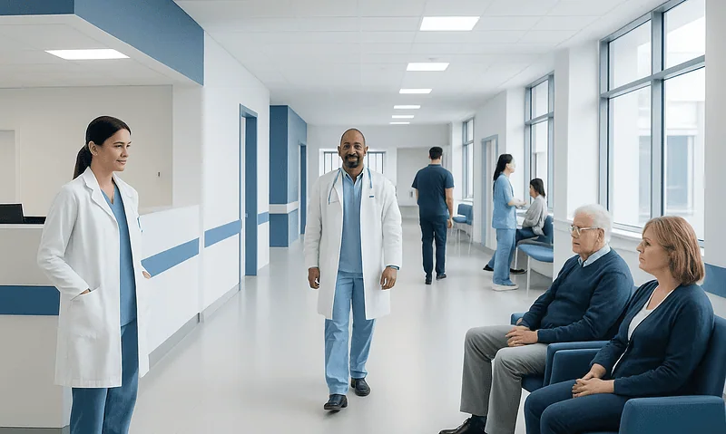 Healthcare professionals and patients in a modern hospital corridor.