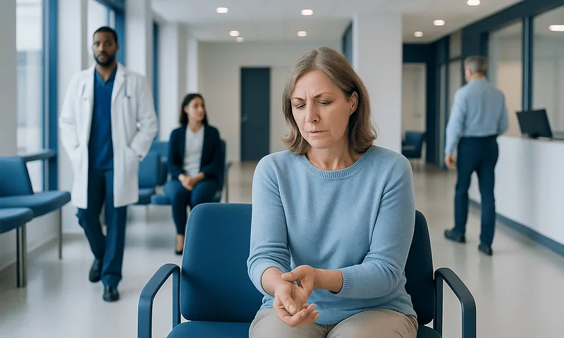 Woman with rheumatoid arthritis symptoms waiting in a hospital corridor.