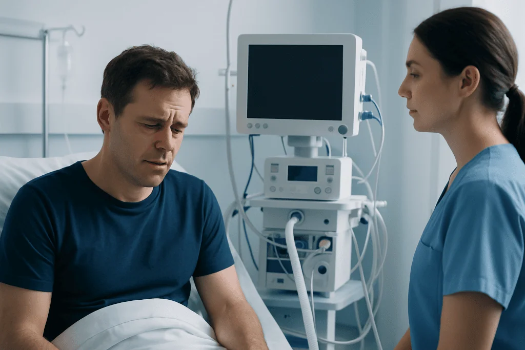 Patient in hospital bed with medical staff and monitoring equipment.