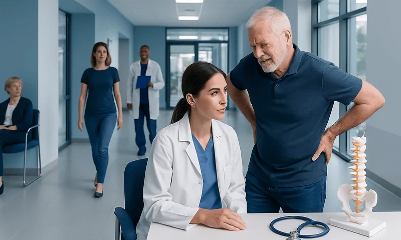Doctor consulting with patient in a hospital corridor.