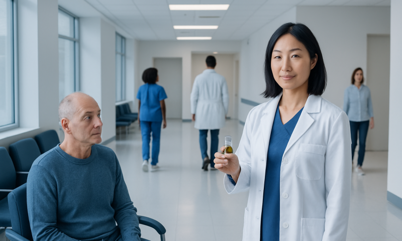 Doctor with a patient in a hospital corridor, medical staff in background.