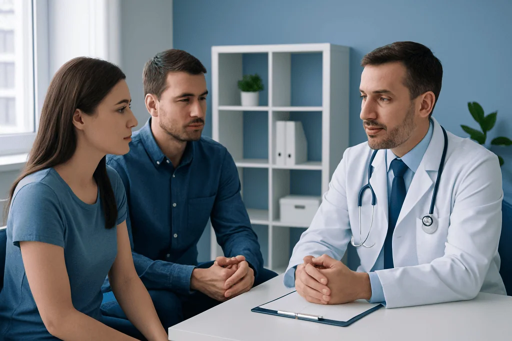 Doctor consulting with a couple in a modern medical office.