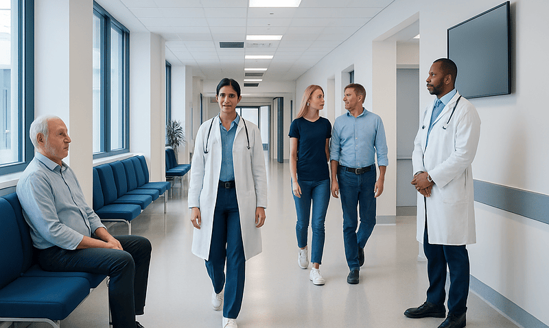 Medical team walking in hospital corridor with patient sitting nearby.