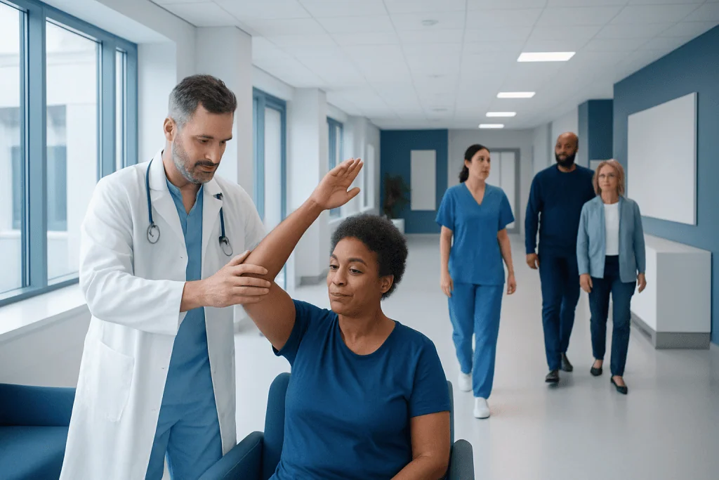 Range of Motion: A Complete Medical Overview 1 Physician assessing patient's arm mobility in hospital corridor.