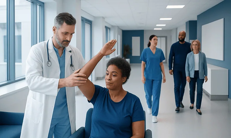 Physician assessing patient's arm mobility in hospital corridor.