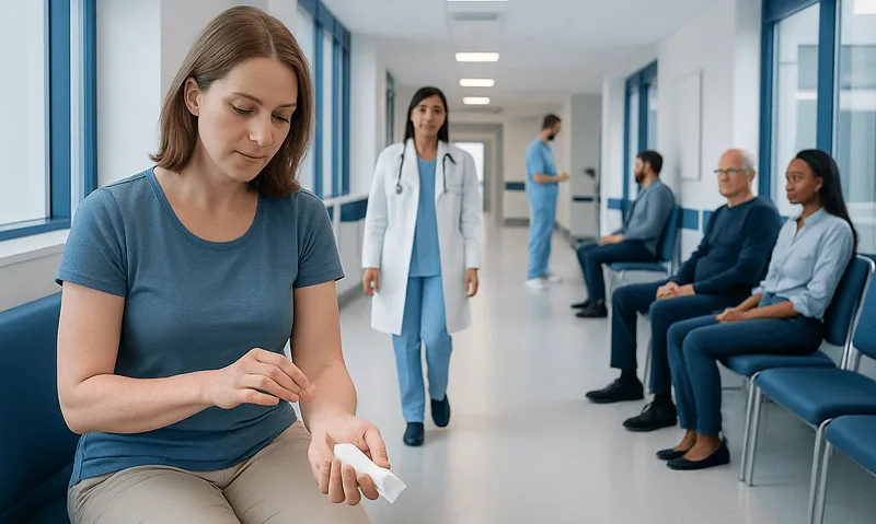 Patient applying cream in a hospital corridor with medical staff and waiting patients.