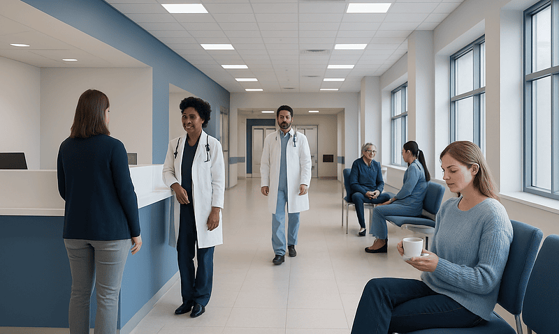 Medical staff and patients in a modern hospital corridor.