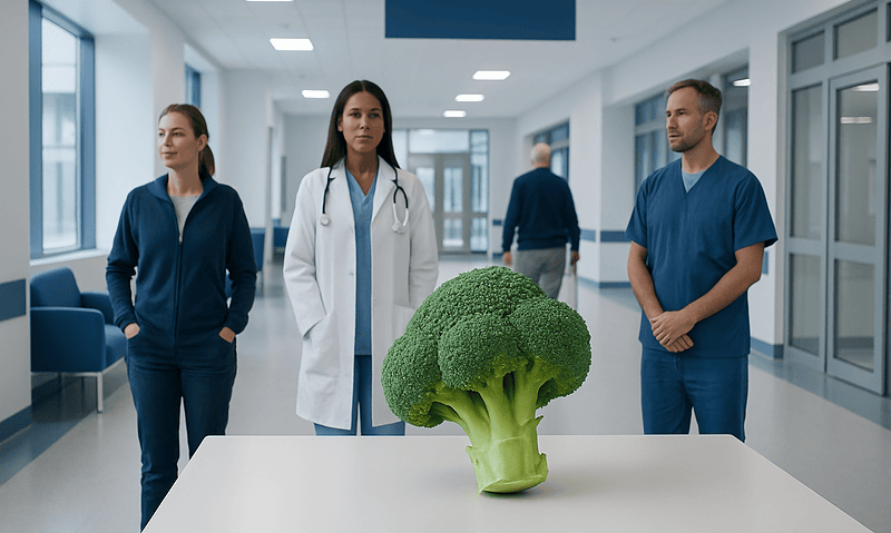 Medical professionals examining a large broccoli in a hospital corridor.